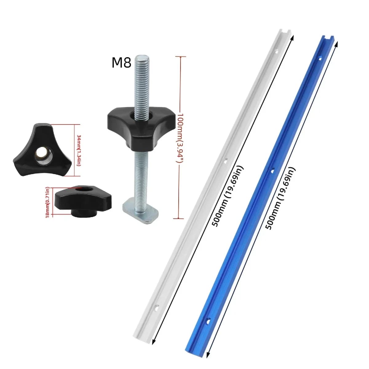 Szyna T-Track podwójna 500mm z zestawem pokręteł śrubowych T